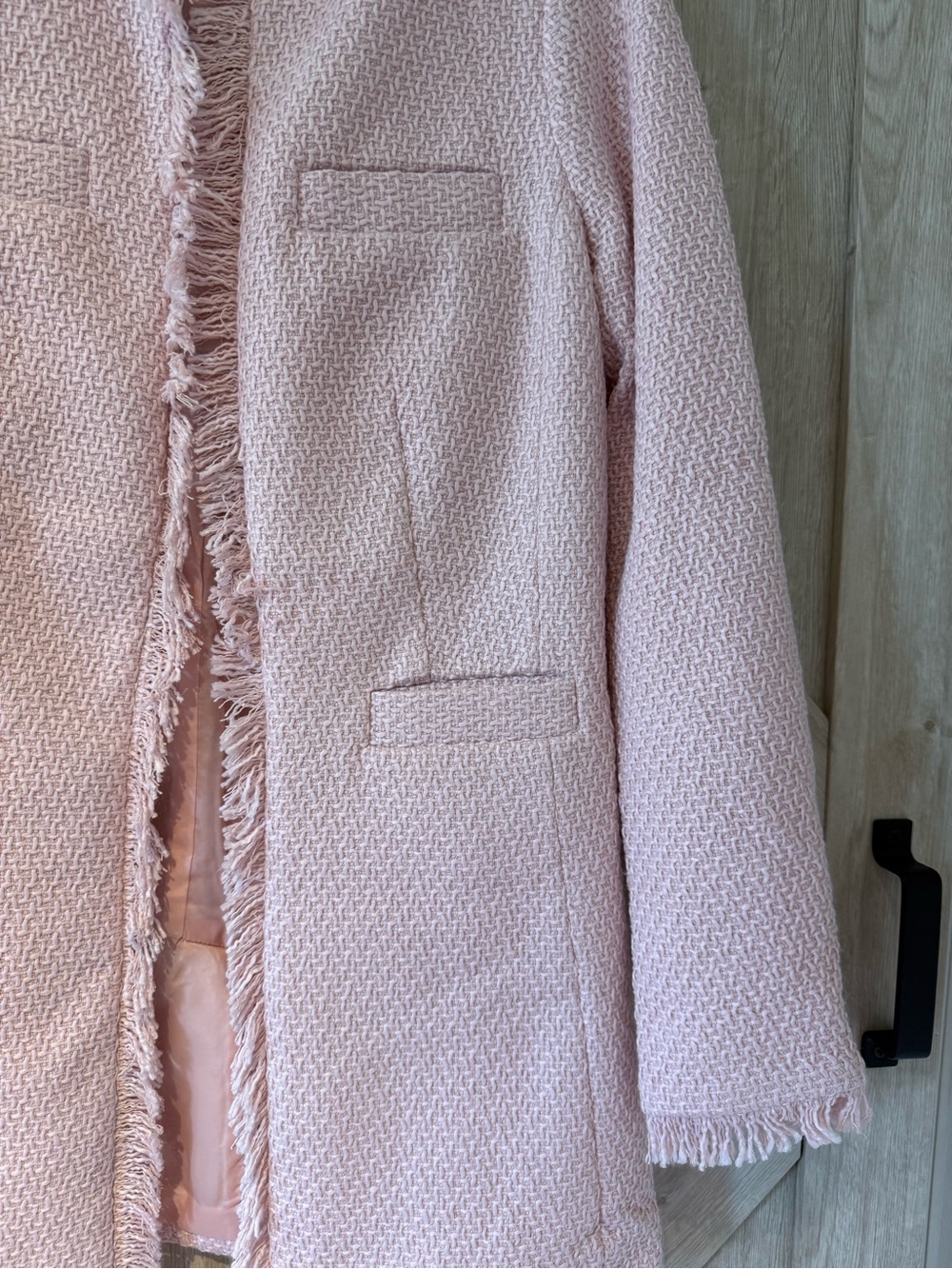 VENUS Blush Pink Tweed Fringe-Trim Long Blazer Perfect for Fall - Picture 7 of 11